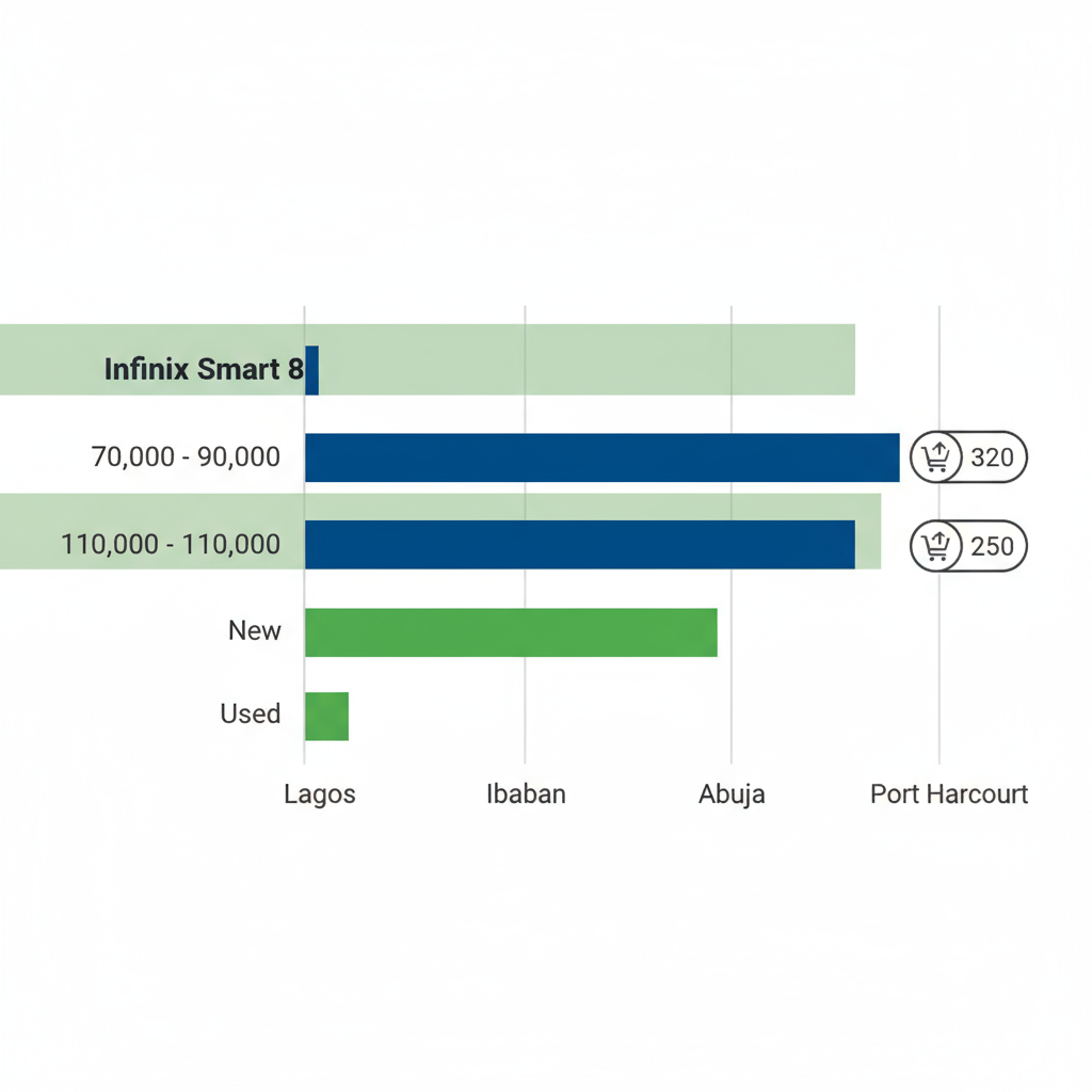 Horizontal bar chart comparing new and used prices of Infinix Smart 8 in major Nigerian cities on Xeeloq