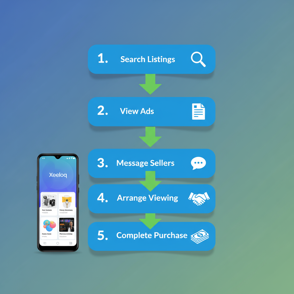 Vertical process flow diagram showing 5 steps to buy Infinix Smart 8 on Xeeloq: search, view, message, arrange, purchase with icons and arrows.