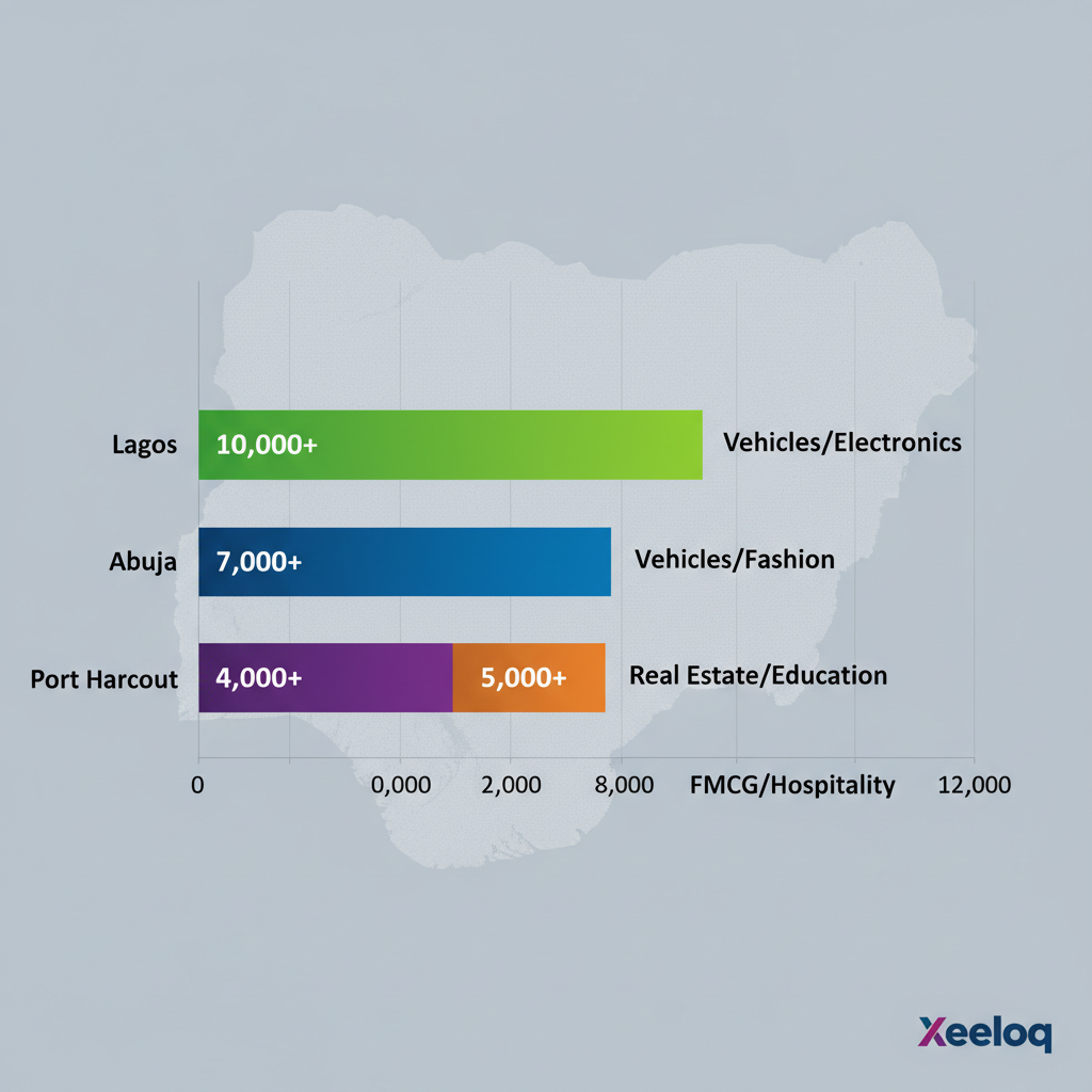Horizontal bar chart of Xeeloq monthly ad volumes in key Nigerian cities with category highlights