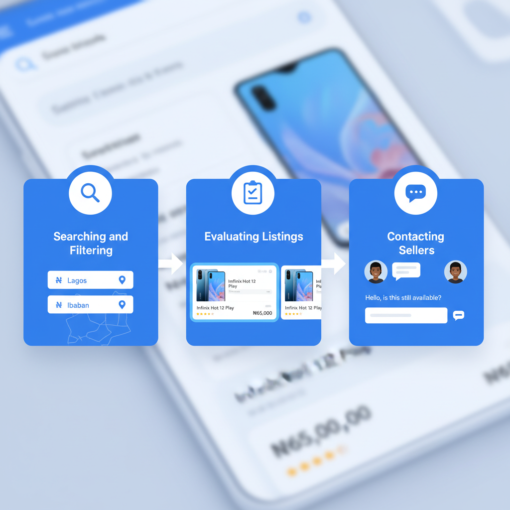 Horizontal process flow diagram showing three steps to find Infinix Hot 12 Play listings on Xeeloq: search, evaluate, and contact sellers.