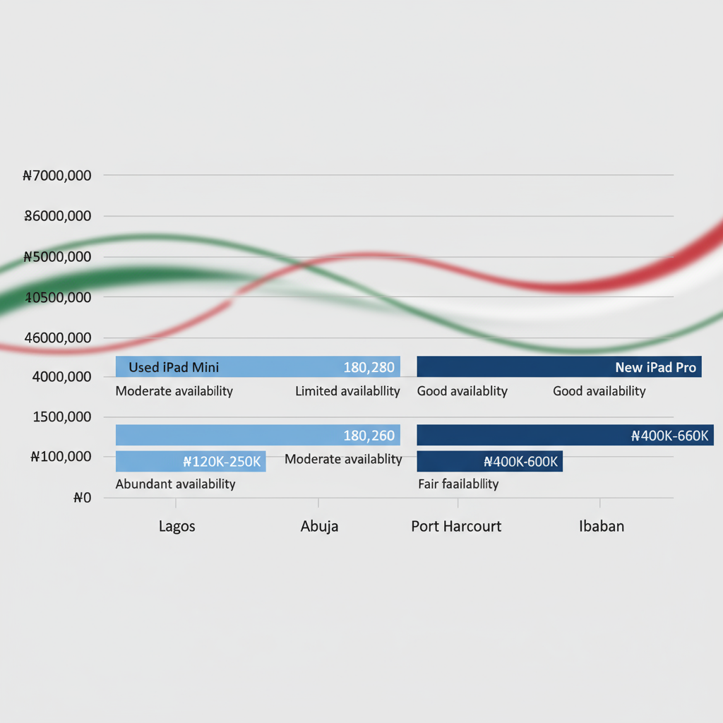 Horizontal bar chart comparing average prices of used iPad Mini and new iPad Pro across major Nigerian cities including Lagos, Abuja, Port Harcourt, and Ibadan.