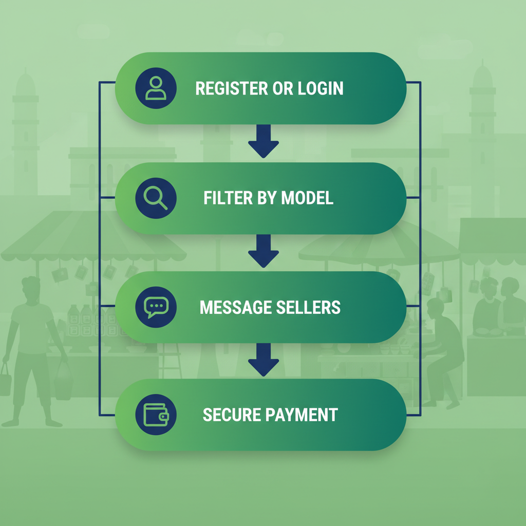 Vertical process flow diagram illustrating the 5 steps to purchase iPads on Xeeloq in Nigeria, featuring icons for registration, searching, messaging, arranging, and payment.