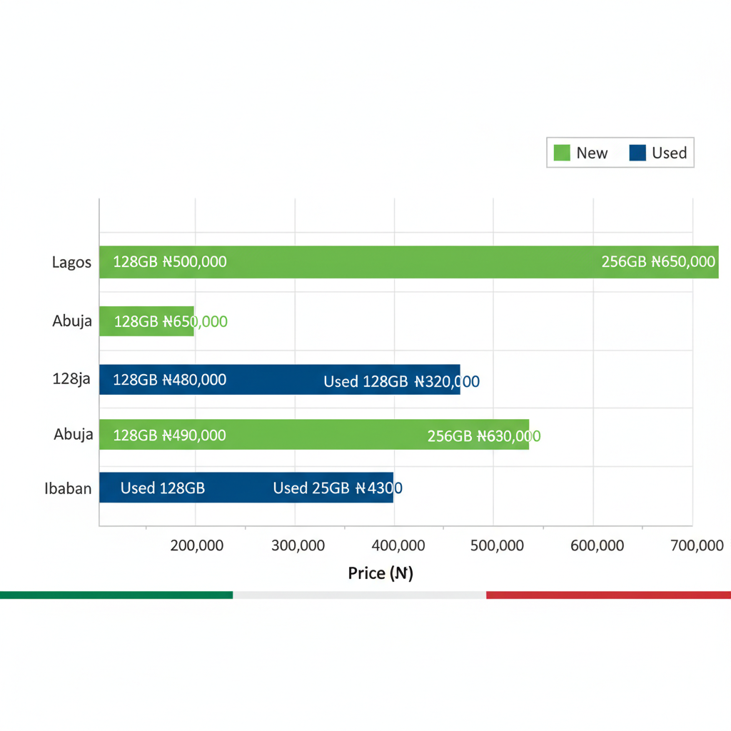 Horizontal bar chart comparing average iPhone 12 prices in Naira for new and used models across Lagos, Abuja, and Ibadan in Nigeria.
