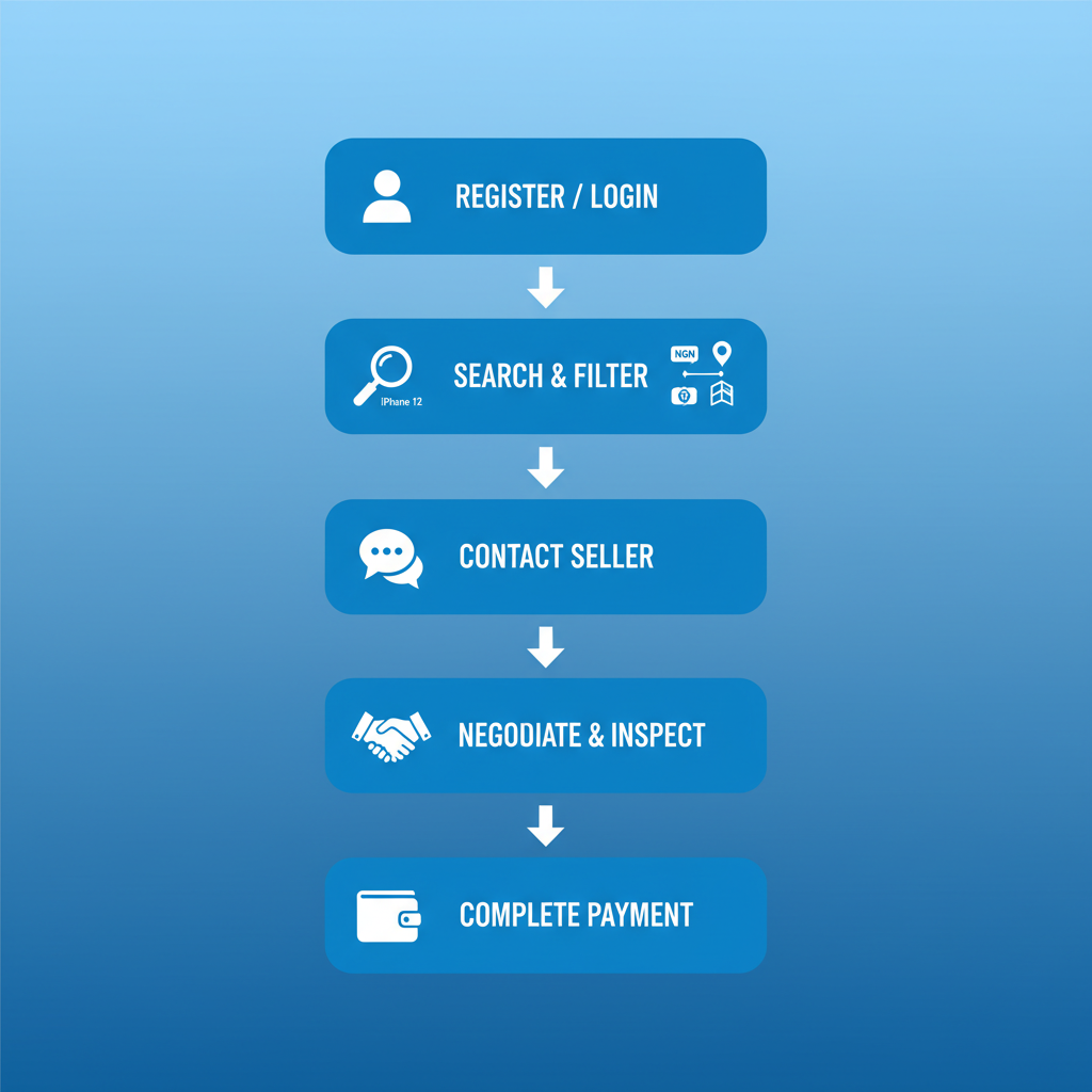 Vertical process flow diagram illustrating five steps to buy iPhone 12 on Xeeloq: register and login, search and filter listings, contact seller, negotiate and inspect, complete payment.