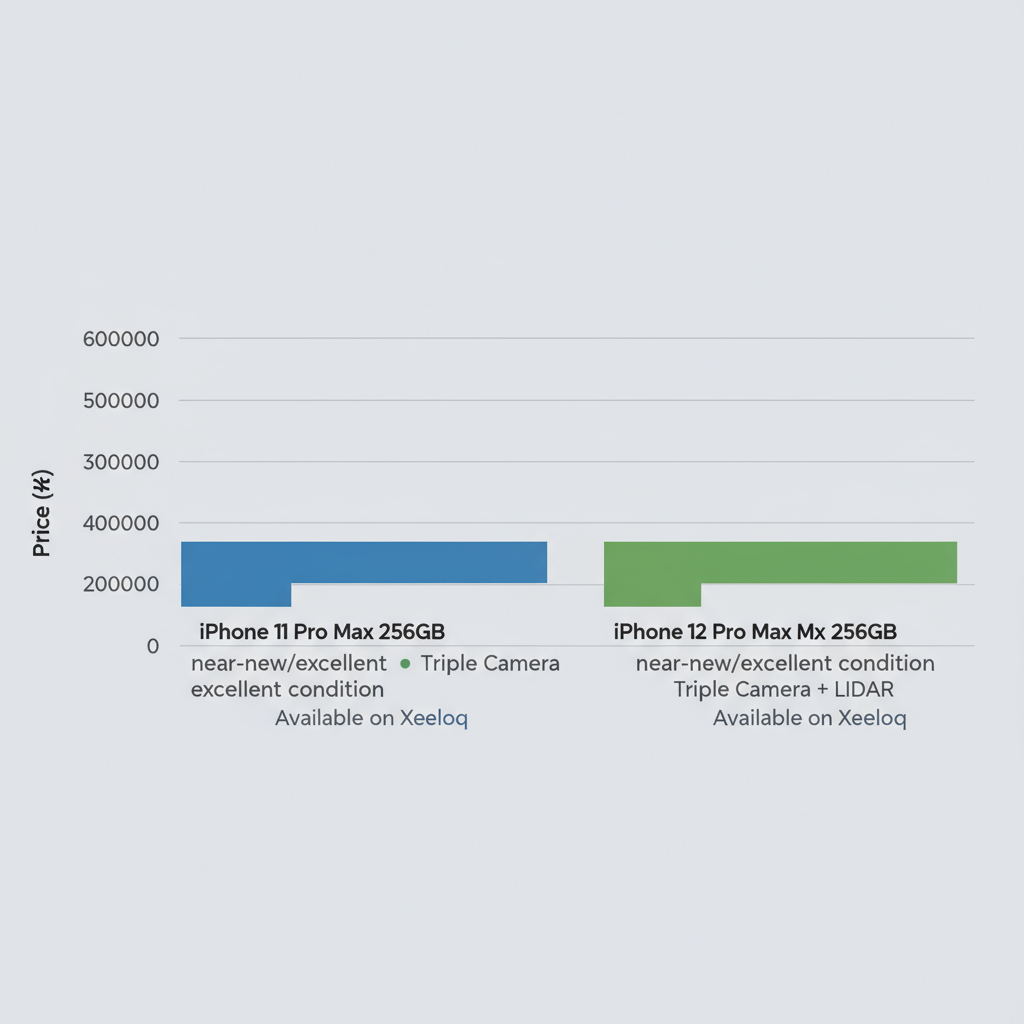 Horizontal bar chart comparing price ranges of UK used iPhone 11 Pro Max and 12 Pro Max 256GB models in the Nigerian market
