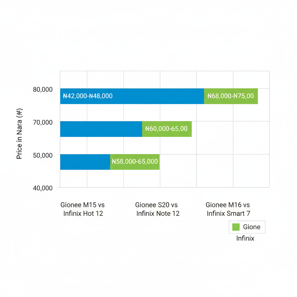 Horizontal bar chart comparing price ranges of Gionee and Infinix phone models on Xeeloq in Nigeria