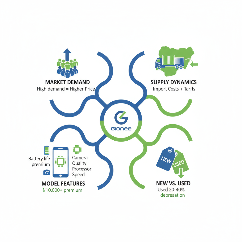 Infographic showing market demand, supply, features, and condition factors affecting Gionee phone prices in Nigeria with icons and minimal labels