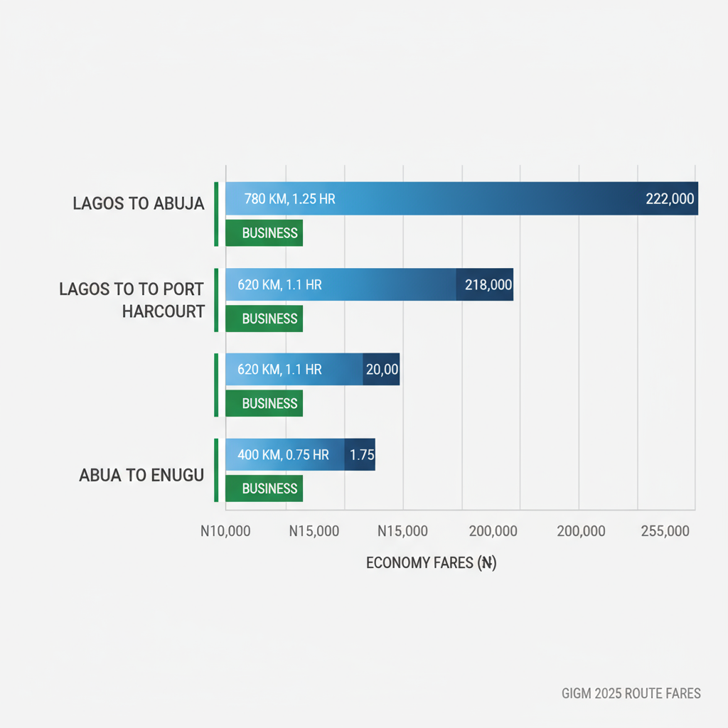 Horizontal bar chart comparing GIGM 2025 economy and business class fares for Nigerian routes including distances and durations