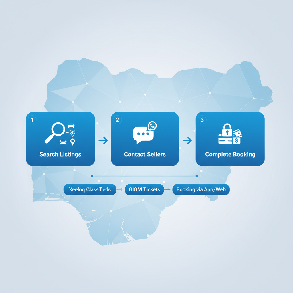 Horizontal process flow diagram illustrating steps for booking GIGM tickets on Xeeloq: searching listings, contacting sellers, and completing bookings.