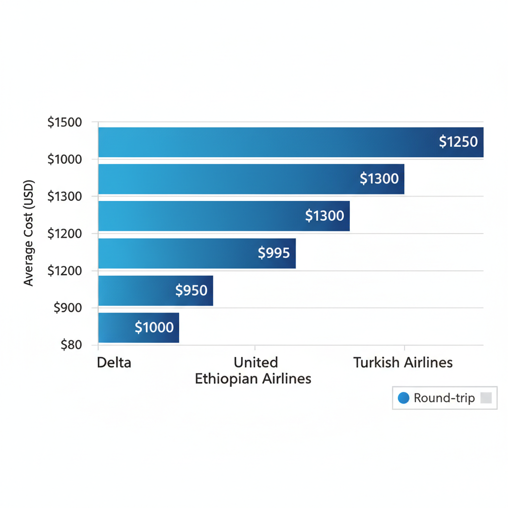 Horizontal bar chart comparing average flight costs from Nigeria to USA for Delta, United, Ethiopian Airlines, and Turkish Airlines, with round-trip and one-way legend
