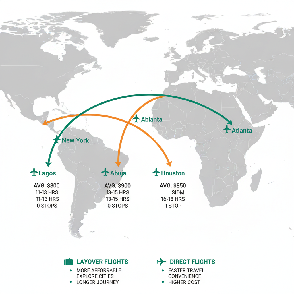 Infographic of popular Nigeria to USA flight routes with prices, durations, and layover details