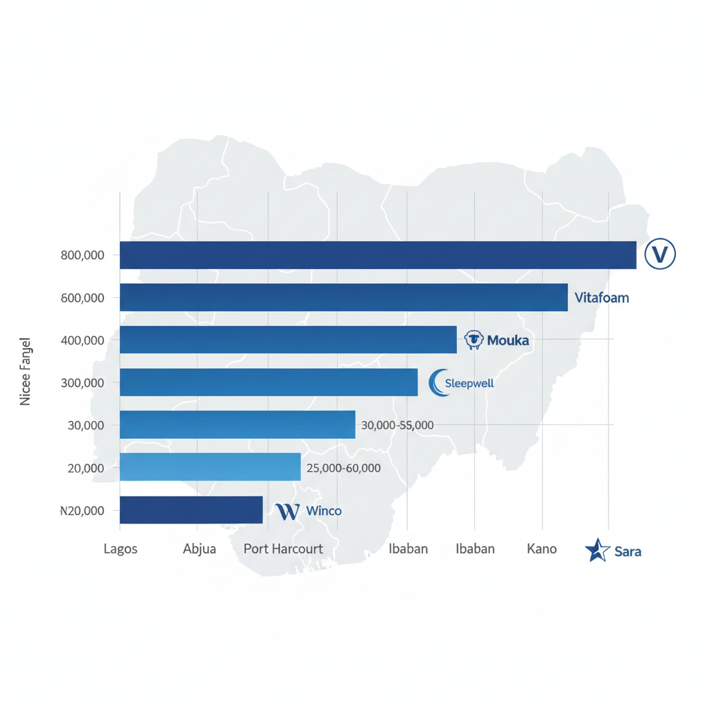 Bar chart comparing average 6x6 mattress price ranges across major Nigerian cities including Lagos, Abuja, Port Harcourt, Ibadan, and Kano.