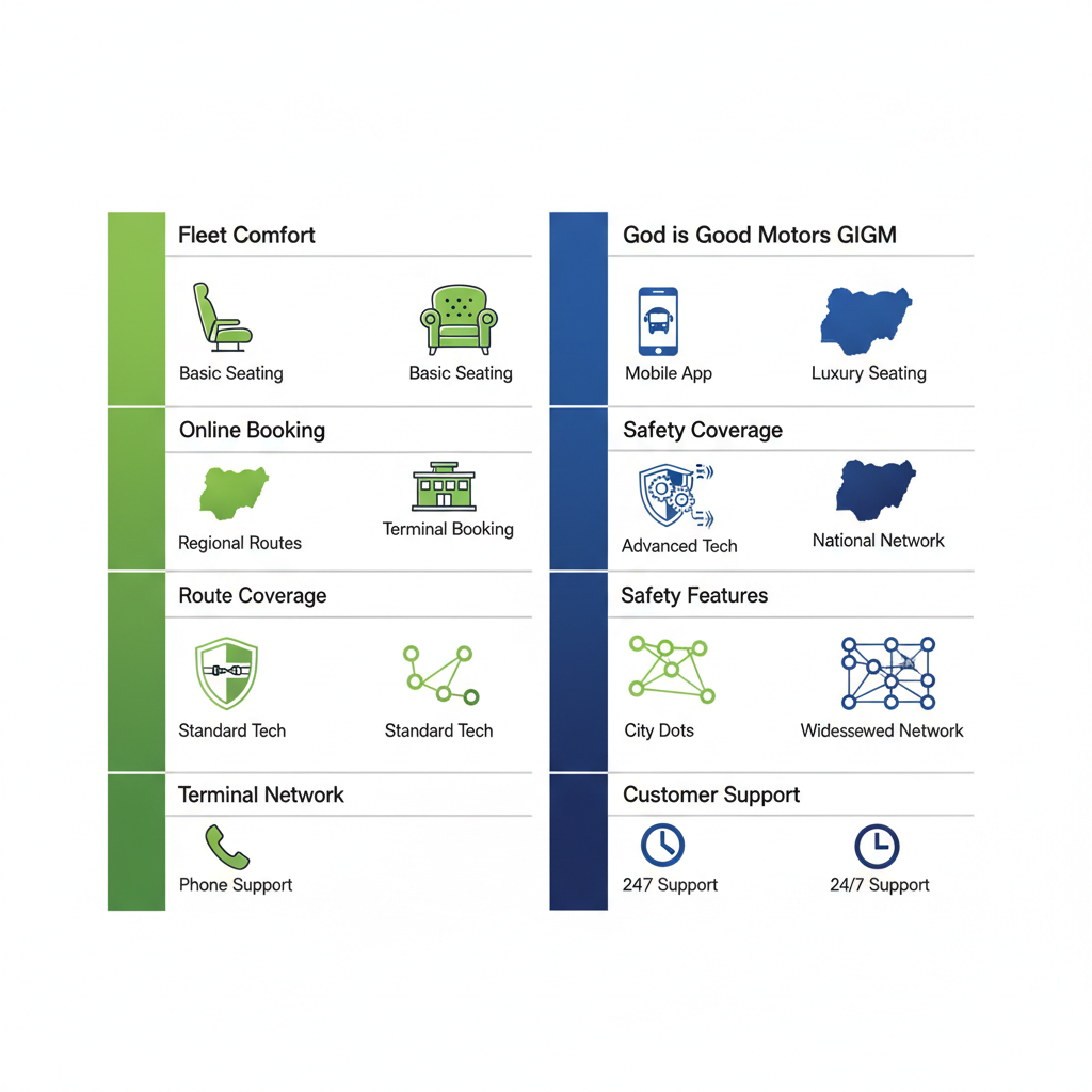Side-by-side infographic comparing features of Peace Mass Transit and God is Good Motors bus services