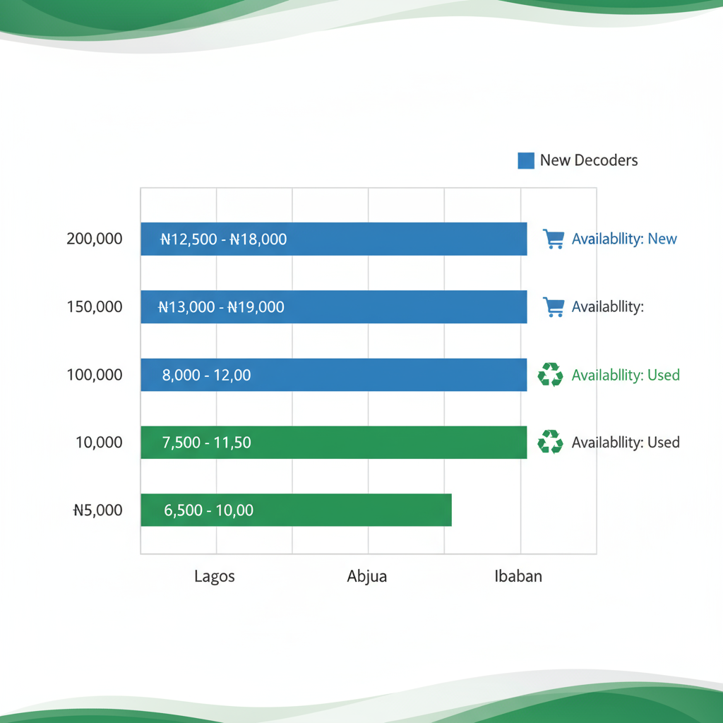 Horizontal bar chart comparing price ranges for new and used GOtv decoders in Lagos, Abuja, and Ibadan, Nigeria