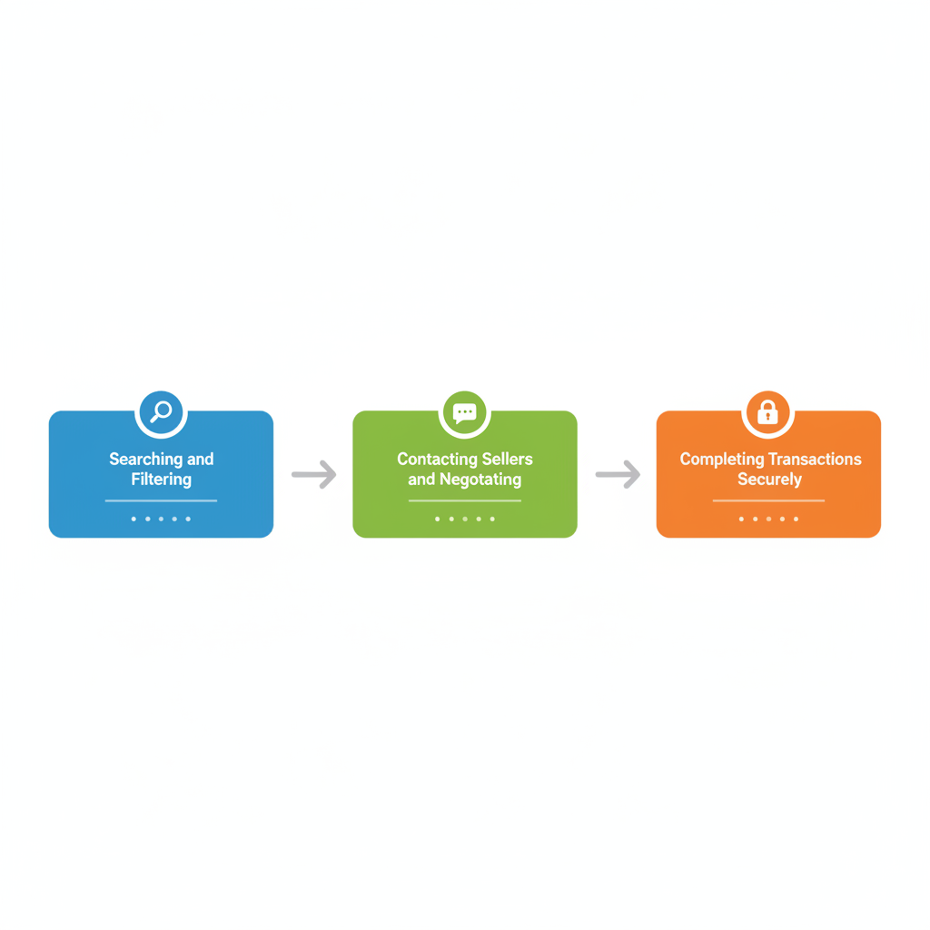 Horizontal process flow diagram showing three steps for buying DStv Decoders on Xeeloq: searching, contacting sellers, and completing transactions securely.