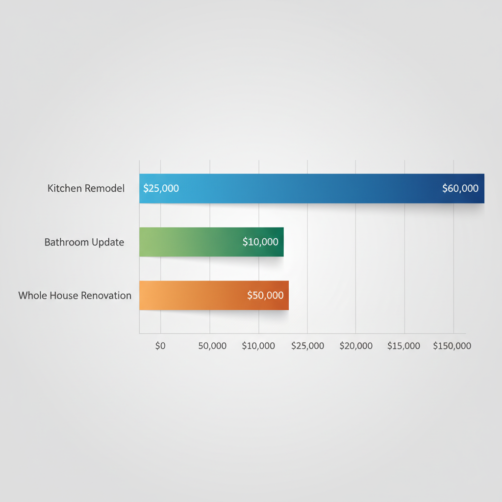 Horizontal bar chart displaying average cost ranges for kitchen remodel, bathroom update, and whole house renovation projects in Denver