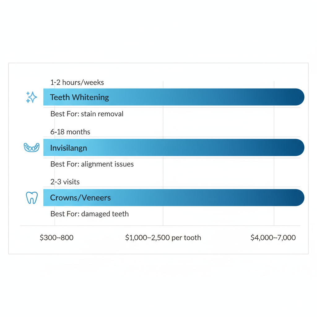 Horizontal bar chart comparing costs, durations, and best uses for teeth whitening, Invisalign, and crowns/veneers in Port Coquitlam.