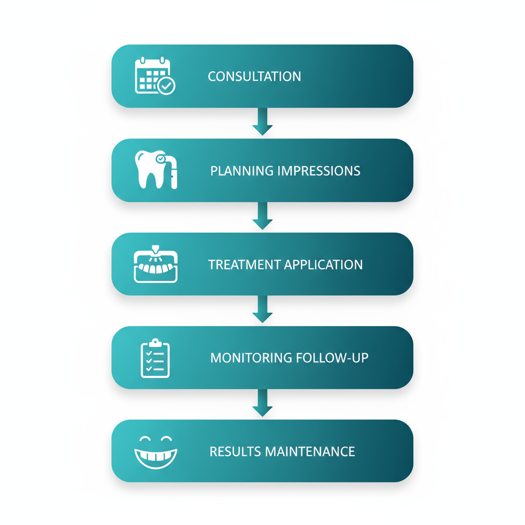 Vertical process flow diagram showing the five-step journey in cosmetic dentistry treatments including consultation, planning, application, monitoring, and maintenance.