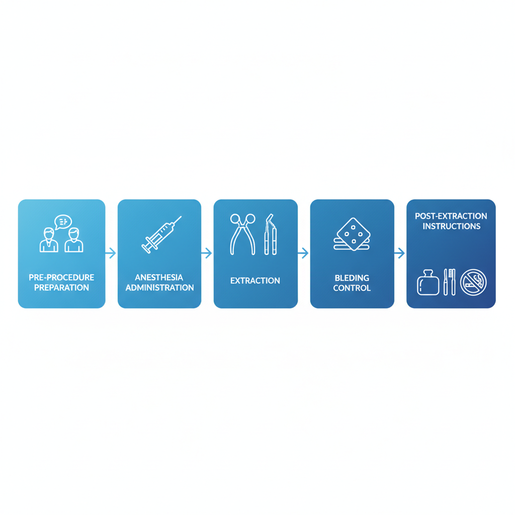 Horizontal process flow diagram illustrating the five-step tooth extraction procedure with icons and minimal labels