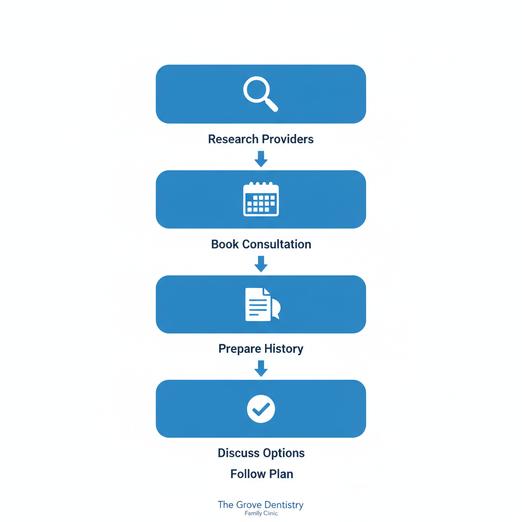 Vertical process flow diagram of five steps to start cosmetic dental treatment at The Grove Dentistry, including research, booking, preparation, discussion, and follow-up with icons.