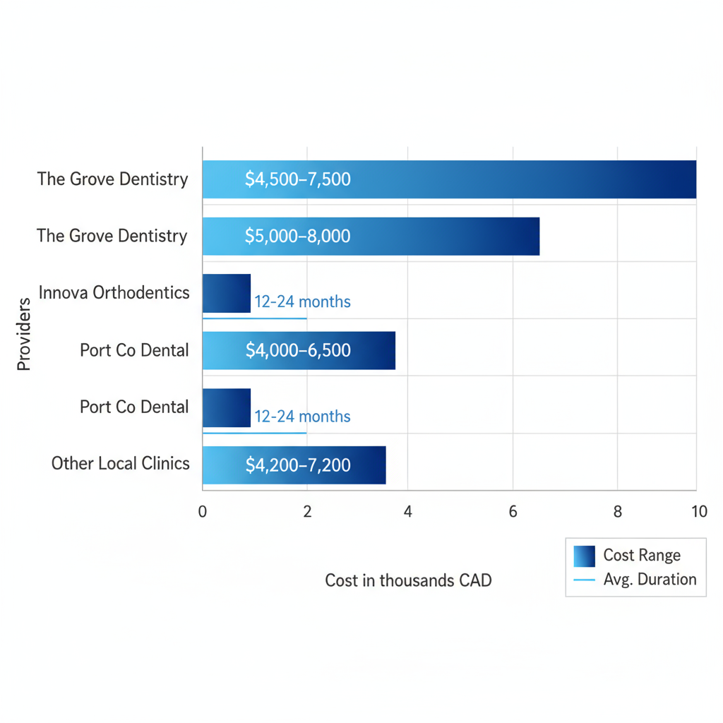 Horizontal bar chart comparing Invisalign treatment cost ranges in CAD for top dental providers in Port Coquitlam, including a line for average duration.
