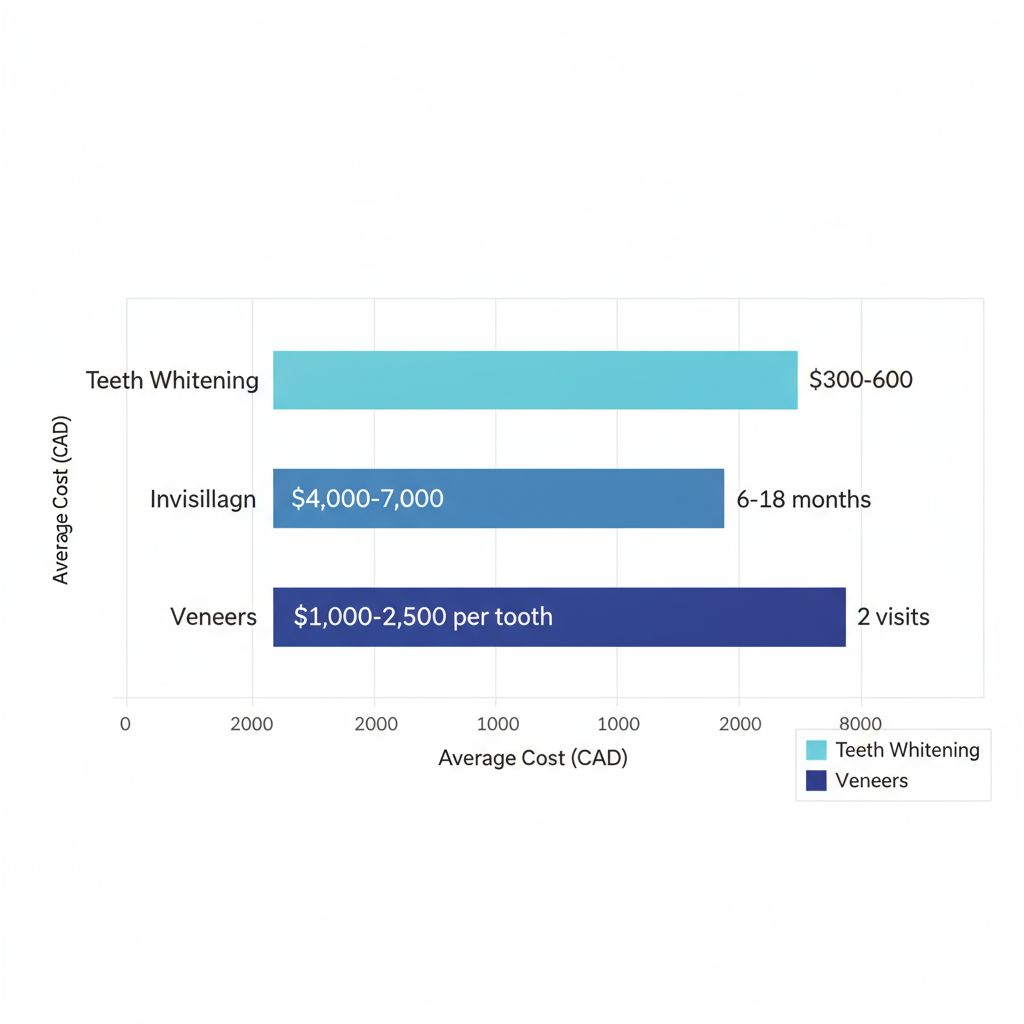 Horizontal bar chart comparing costs and durations of teeth whitening, Invisalign, and veneers cosmetic dentistry treatments in Port Coquitlam.