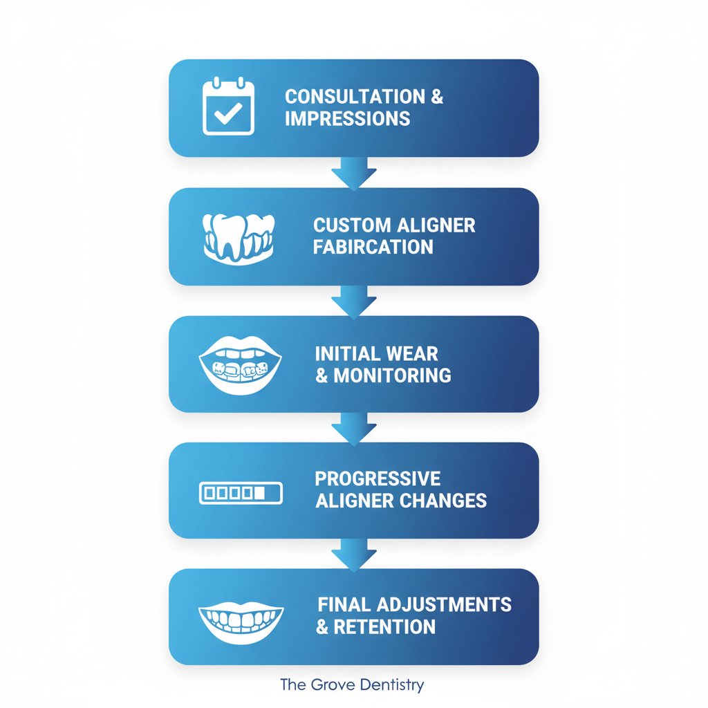 Vertical process flow diagram showing five steps of Invisalign treatment with icons and brief labels