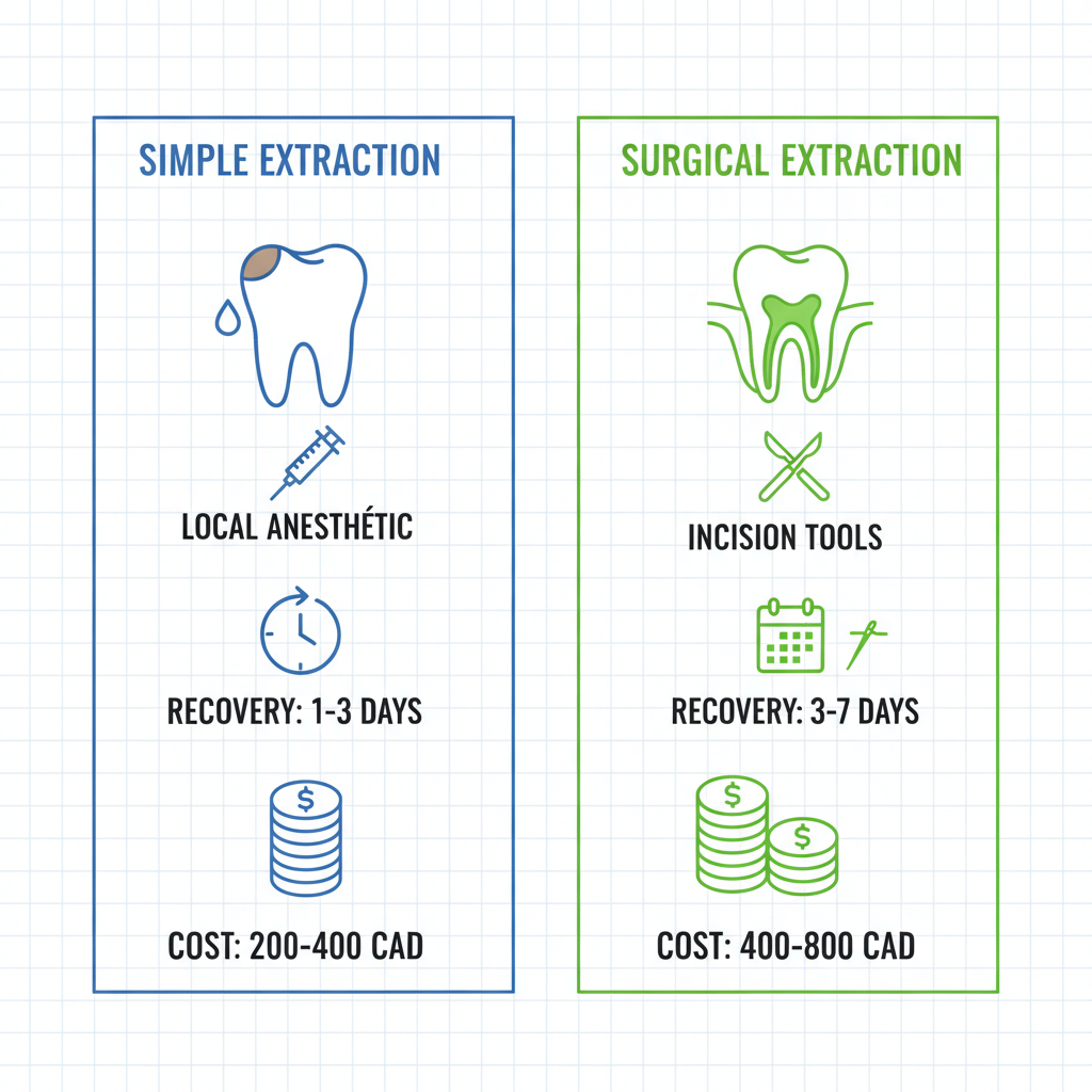 Infographic comparing simple and surgical tooth extraction procedures, recovery times, and costs in Port Coquitlam
