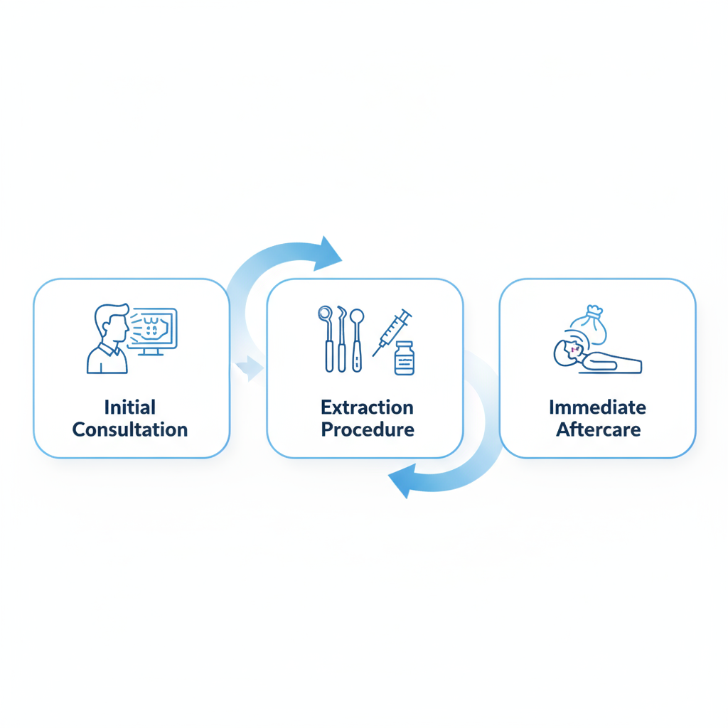 Horizontal process flow diagram illustrating the three stages of wisdom tooth extraction: consultation, procedure, and aftercare.