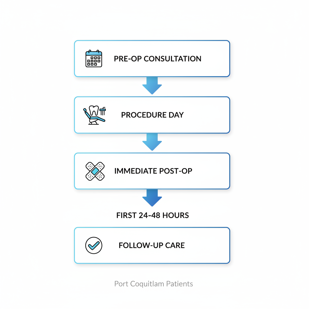 Vertical diagram illustrating the five key stages of preparing for and recovering from a tooth extraction, featuring icons and connecting arrows.