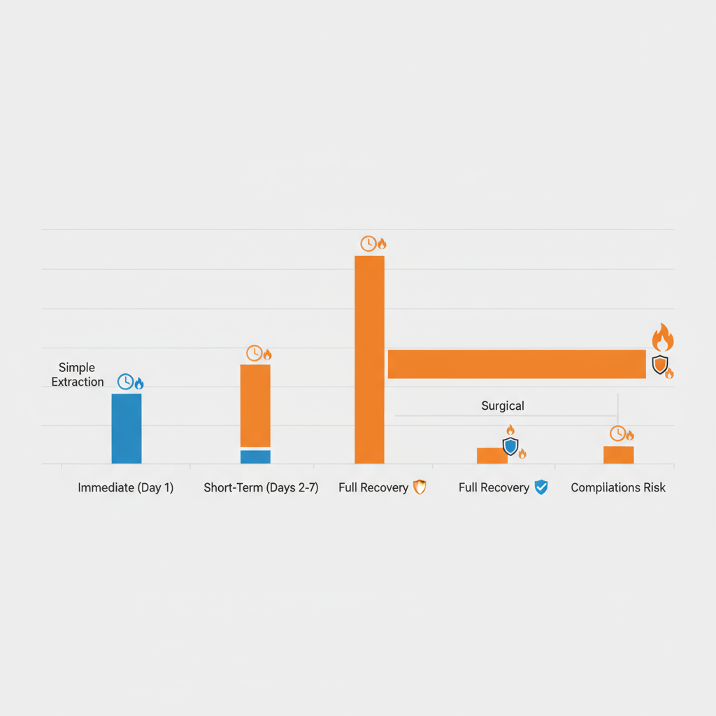 Bar chart comparing recovery timelines and intensities for simple and surgical wisdom tooth extractions with icons for phases.