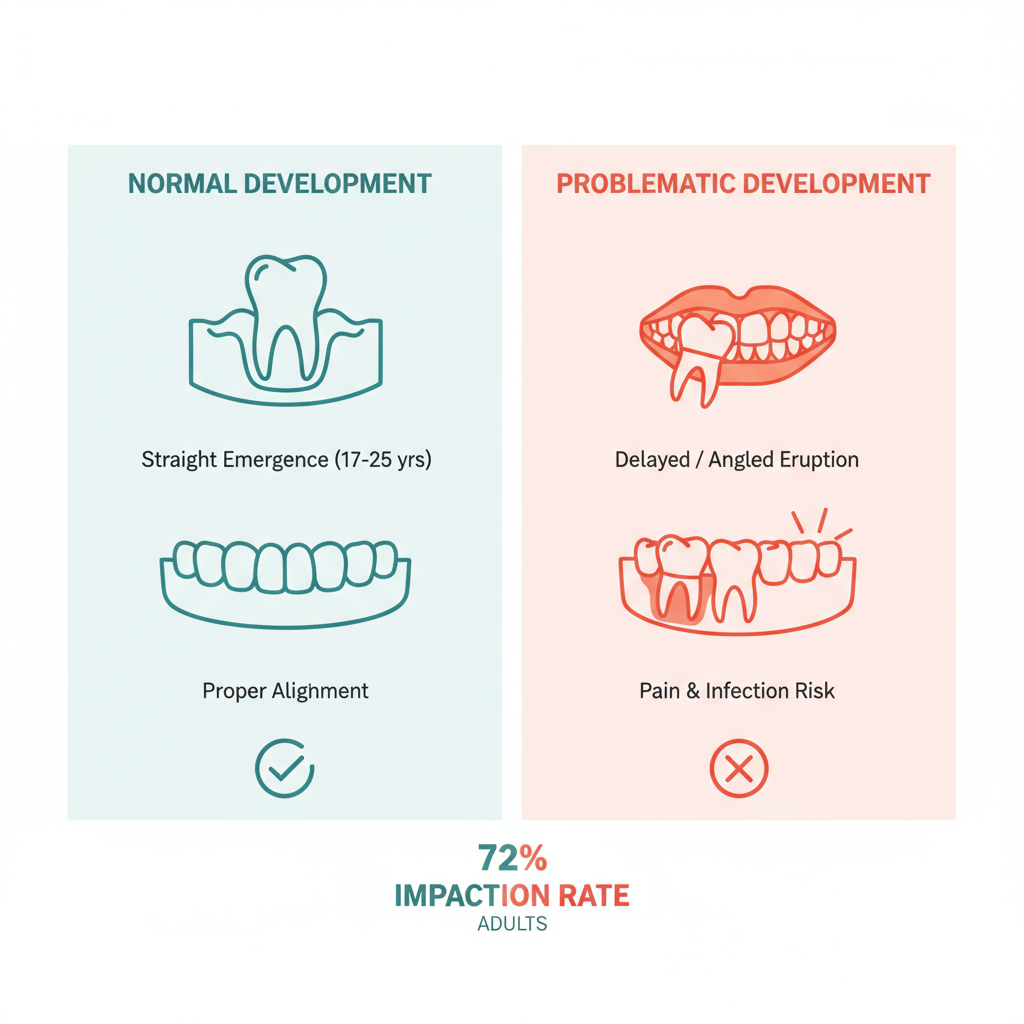 Infographic comparison of normal and problematic wisdom teeth development with impaction statistics