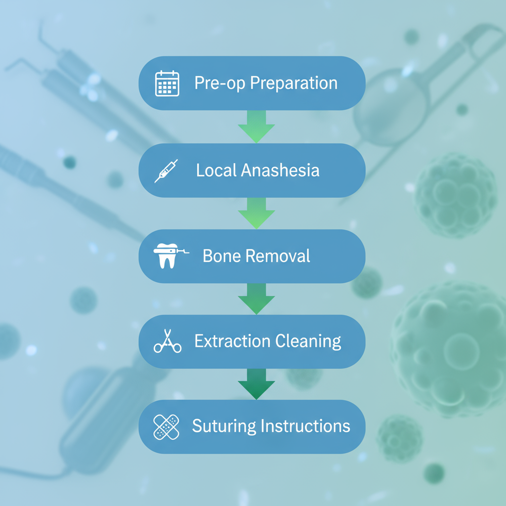 Vertical process flow diagram showing five stages of wisdom teeth extraction with icons and connecting arrows.