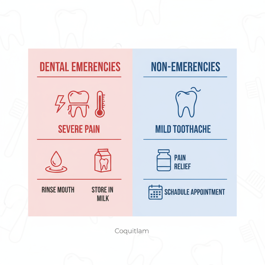 Infographic comparing urgent dental emergencies like knocked-out teeth to non-urgent issues like mild toothaches with icons and advice