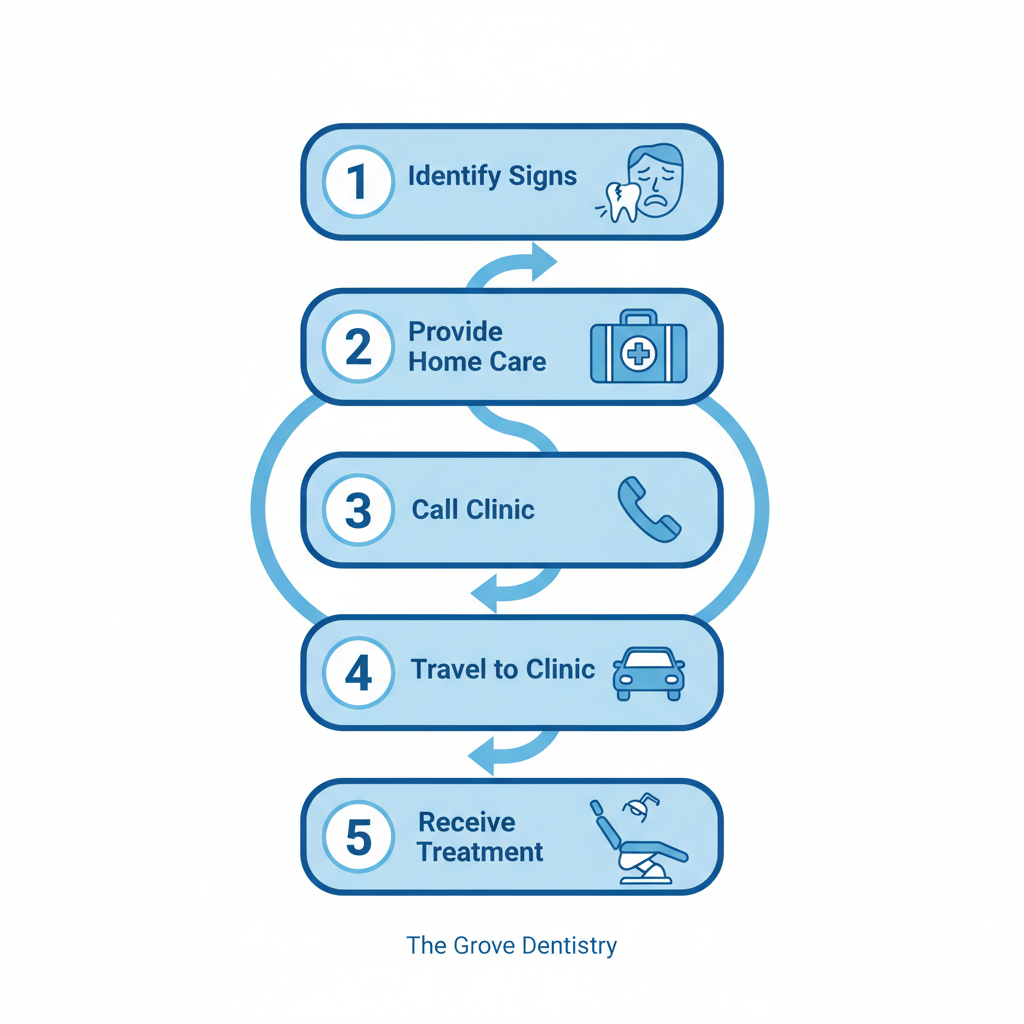 Vertical process flow diagram illustrating steps to respond to dental emergencies with icons and labels