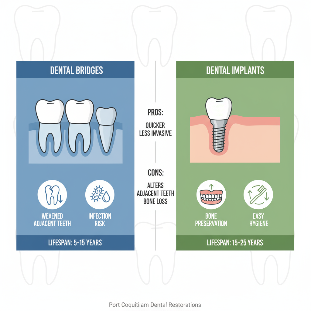 Infographic comparing dental bridges and implants, highlighting implant advantages like longer lifespan and better hygiene.