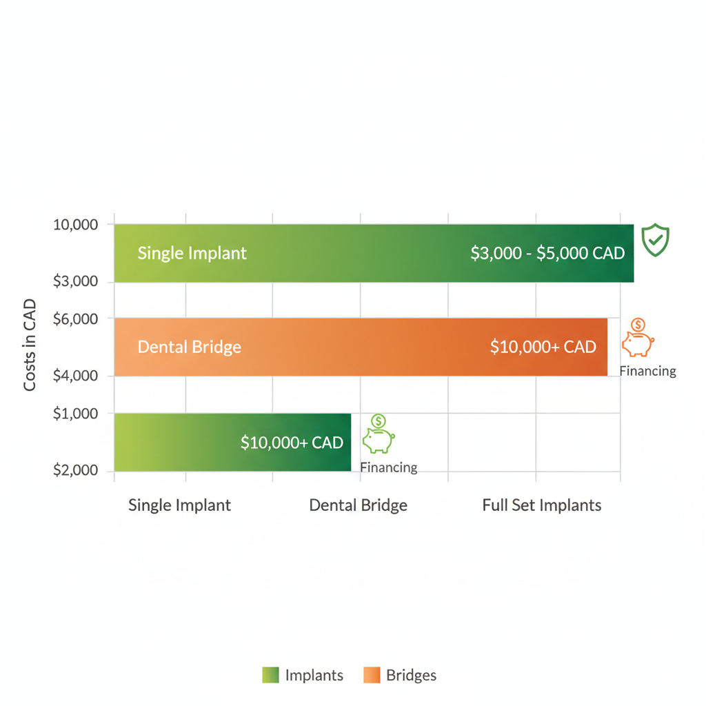Horizontal bar chart comparing costs of single dental implants, bridges, and full set implants in British Columbia, with ranges in Canadian dollars and icons for insurance and financing options.