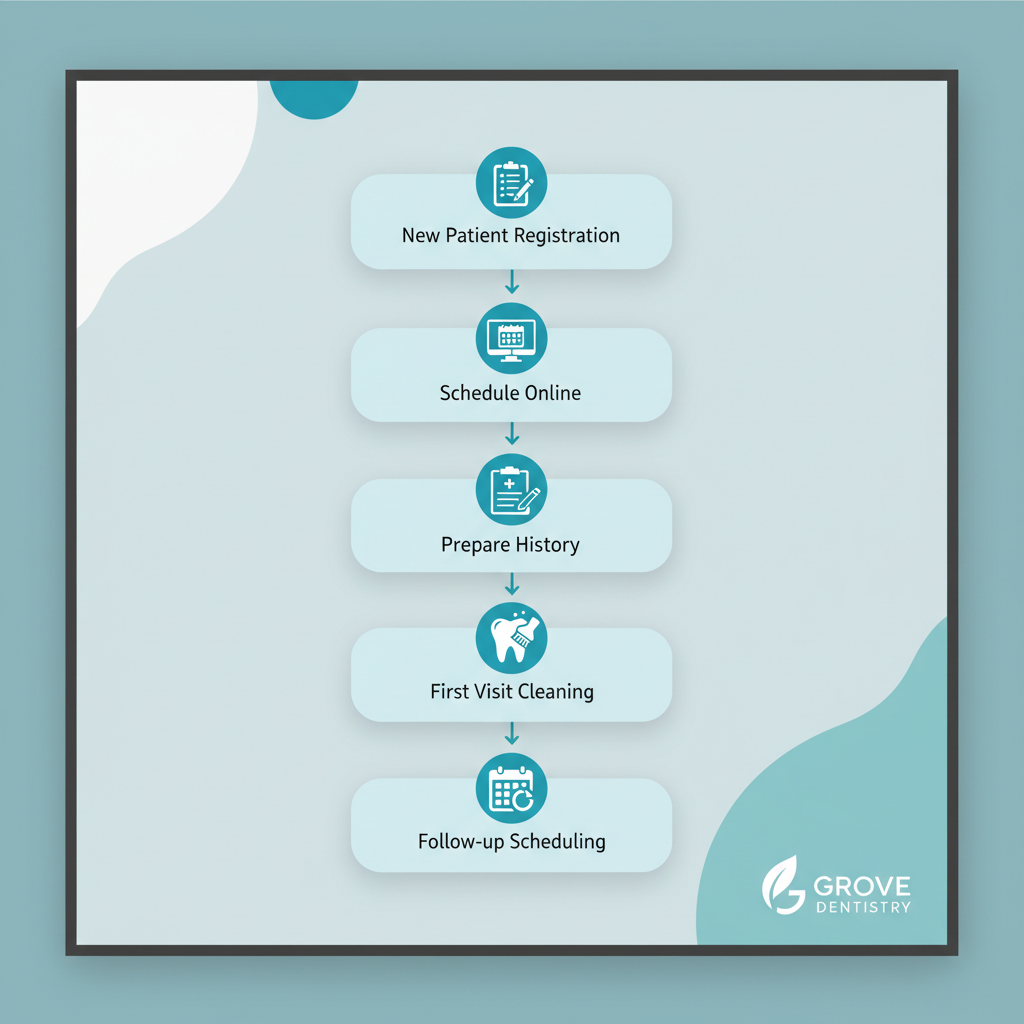 Vertical process flow diagram illustrating five steps to begin dental hygiene journey: registration, appointment scheduling, medical history preparation, initial exam and cleaning, and follow-up booking.