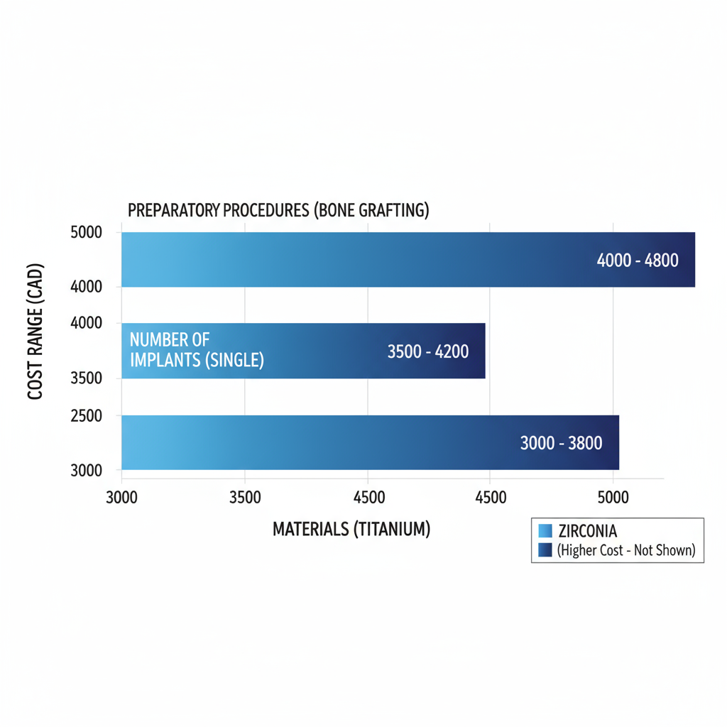 Horizontal bar chart of dental implant cost factors: materials, number of implants, and preparatory procedures with CAD ranges.