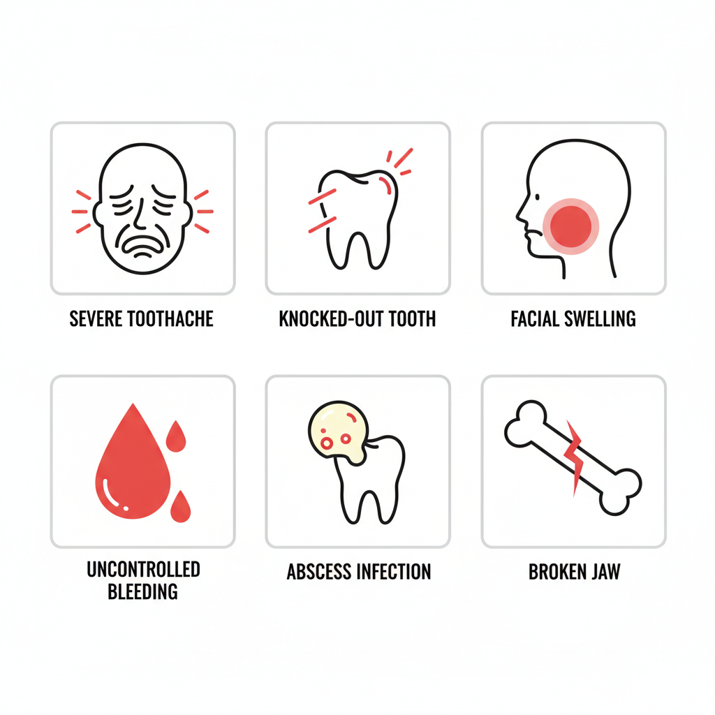 Grid of icons illustrating common dental emergency signs such as toothache, swelling, and bleeding