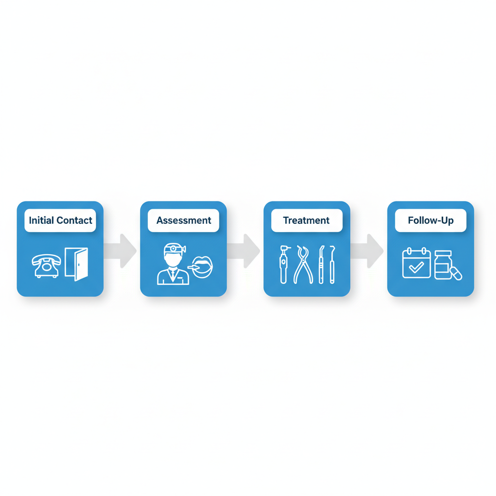 Horizontal process flow diagram illustrating the four stages of an emergency dental visit