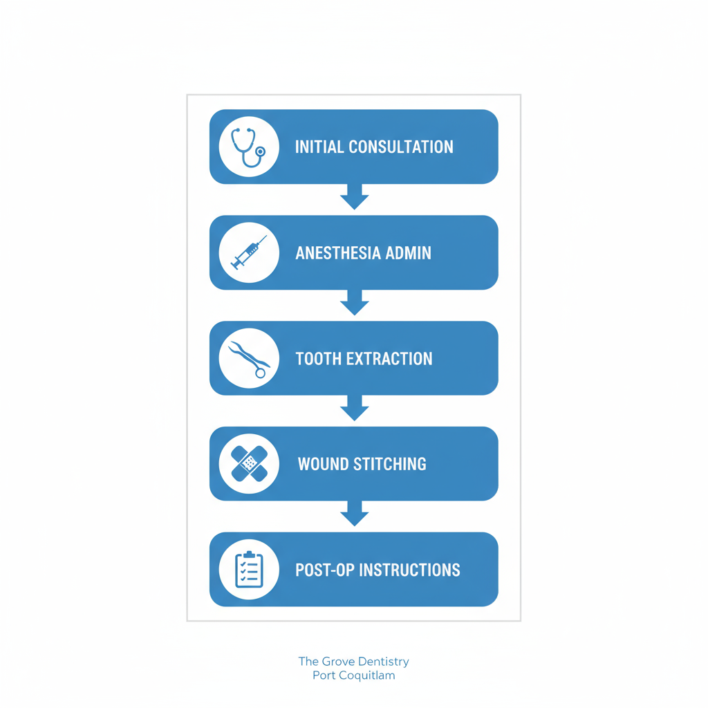 Vertical process flow diagram illustrating wisdom teeth extraction procedure steps at The Grove Dentistry
