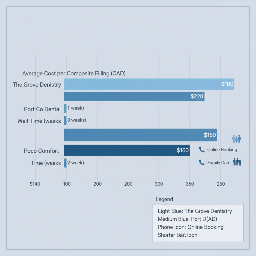 Horizontal bar chart comparing costs, wait times, and features of composite dental filling providers in Port Coquitlam