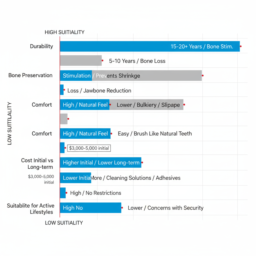 Horizontal bar chart comparing dental implants and traditional dentures on durability, bone preservation, comfort, maintenance, costs, and suitability
