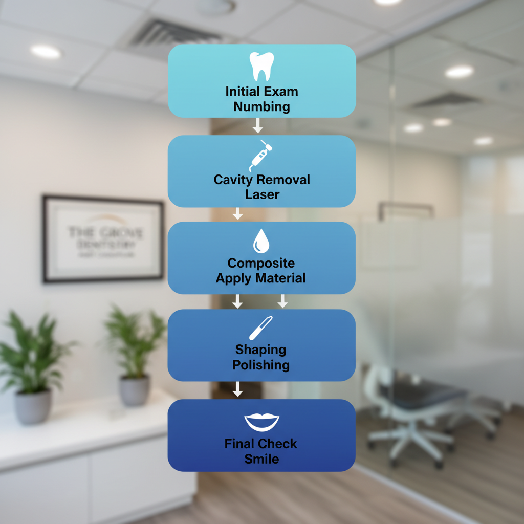 Vertical process flow diagram illustrating the five steps of a tooth filling procedure with icons and minimal labels