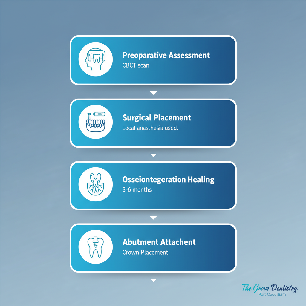 Vertical process flow diagram showing five stages of dental implant procedure: assessment, surgical placement, healing, abutment attachment, and crown placement with relevant icons.