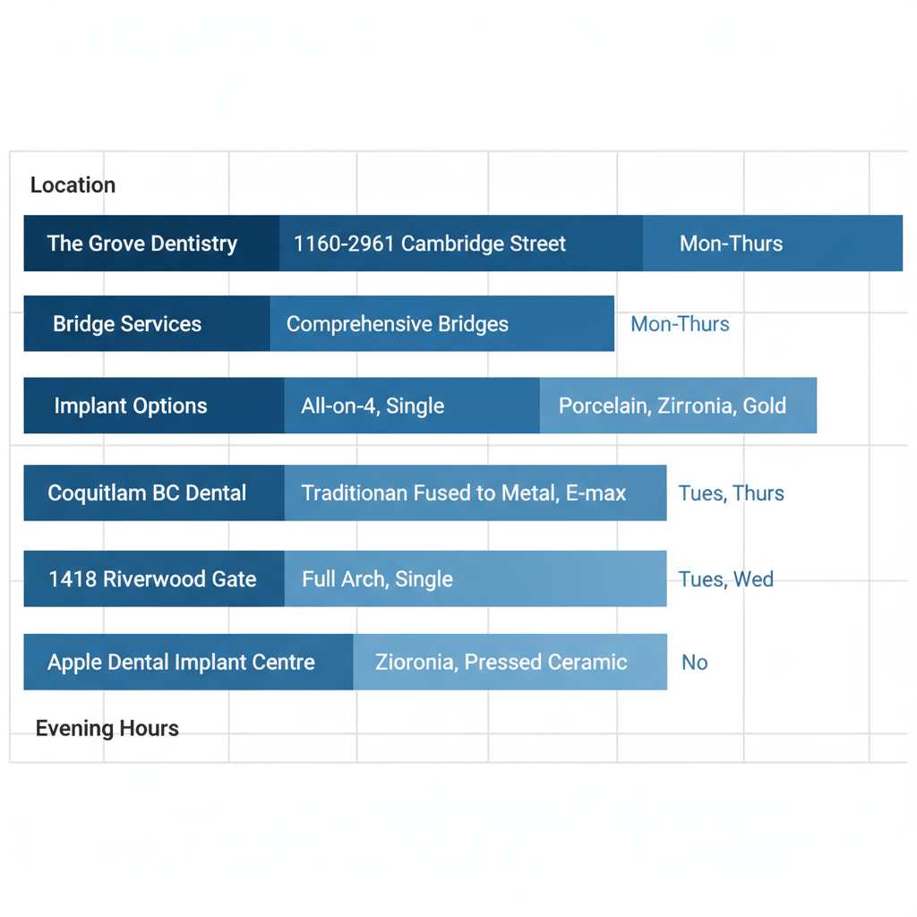 Horizontal bar chart comparing dental restoration services across local clinics in Port Coquitlam, highlighting features like location, bridges, implants, crowns, and evening hours.