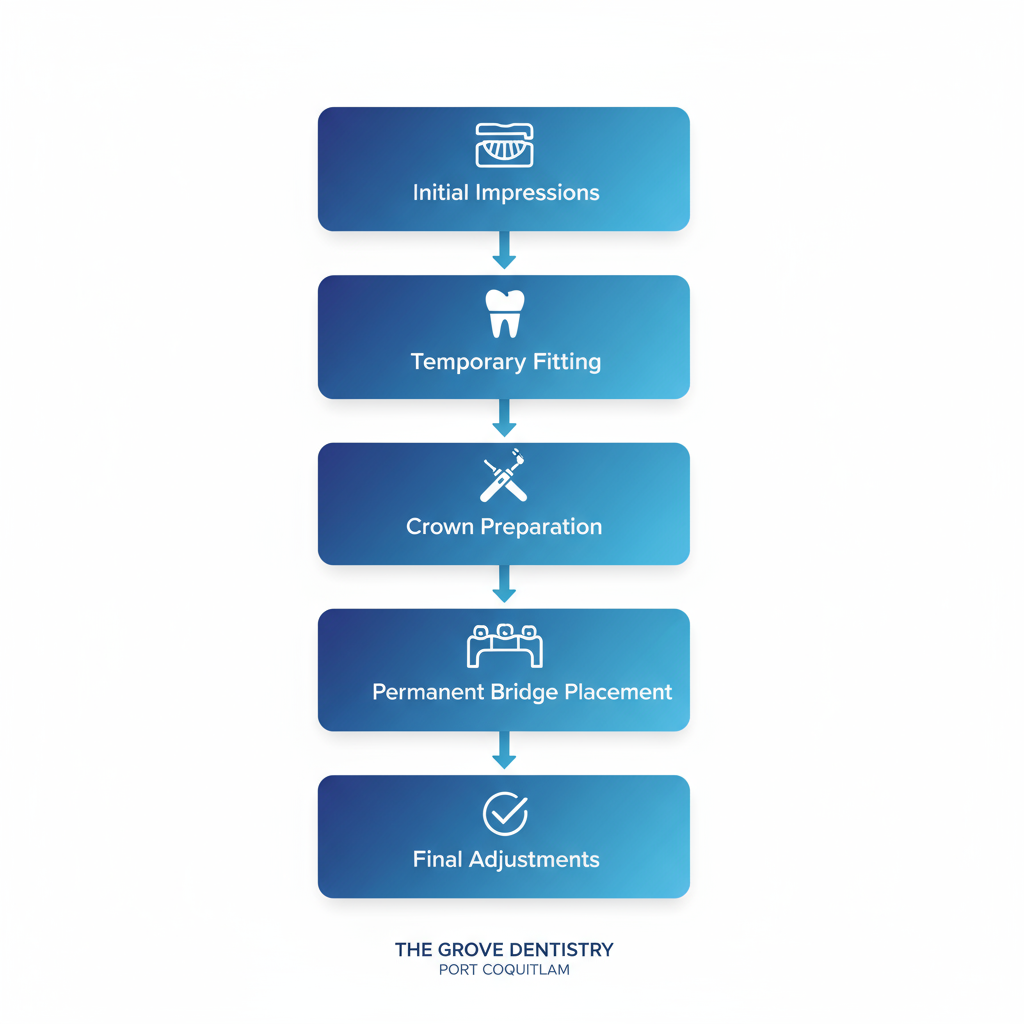 Vertical process flow diagram illustrating the five steps of dental bridge procedure including icons and arrows