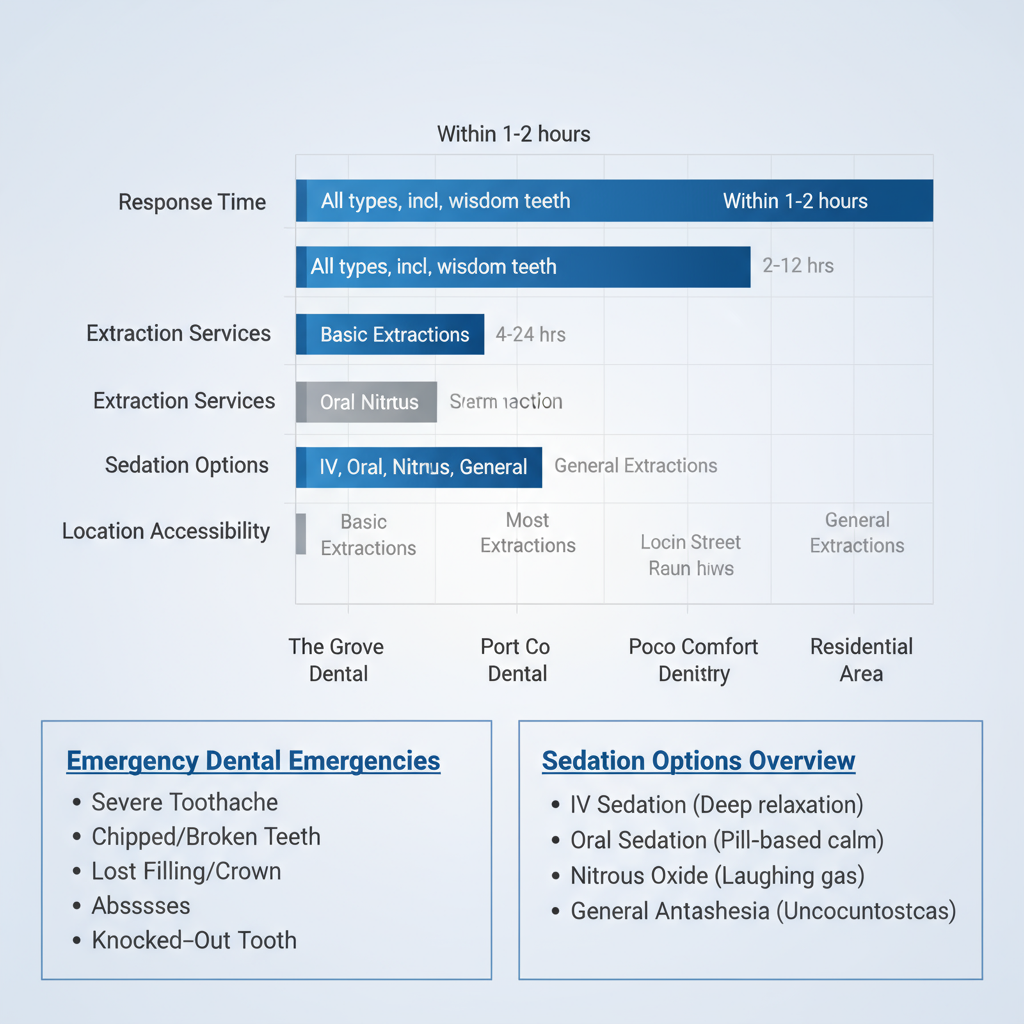 Horizontal bar chart comparing emergency dental services across Port Coquitlam clinics, emphasizing The Grove Dentistry's response time, extractions, sedation, and accessibility.
