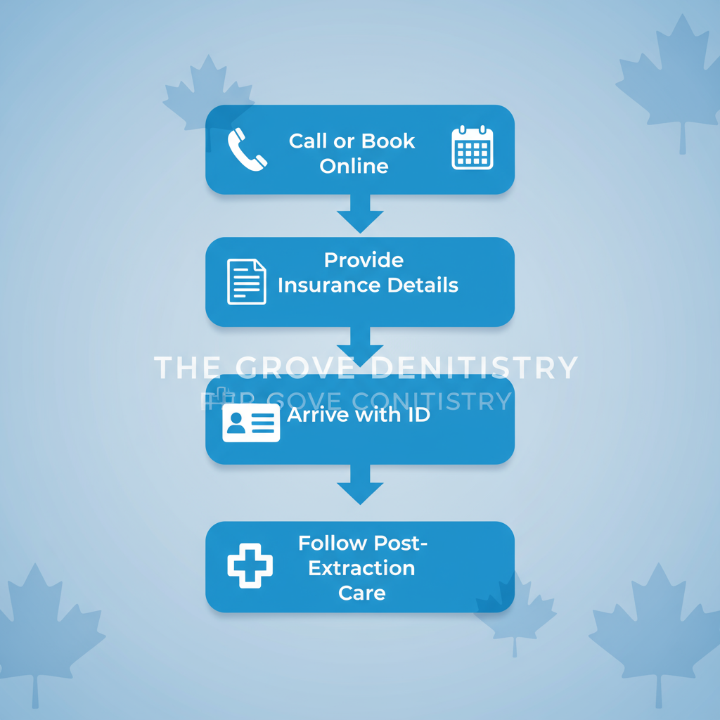 Vertical process flow diagram showing four steps to arrange emergency dental care: call or book online, provide insurance details, arrive with ID, and follow post-extraction care.